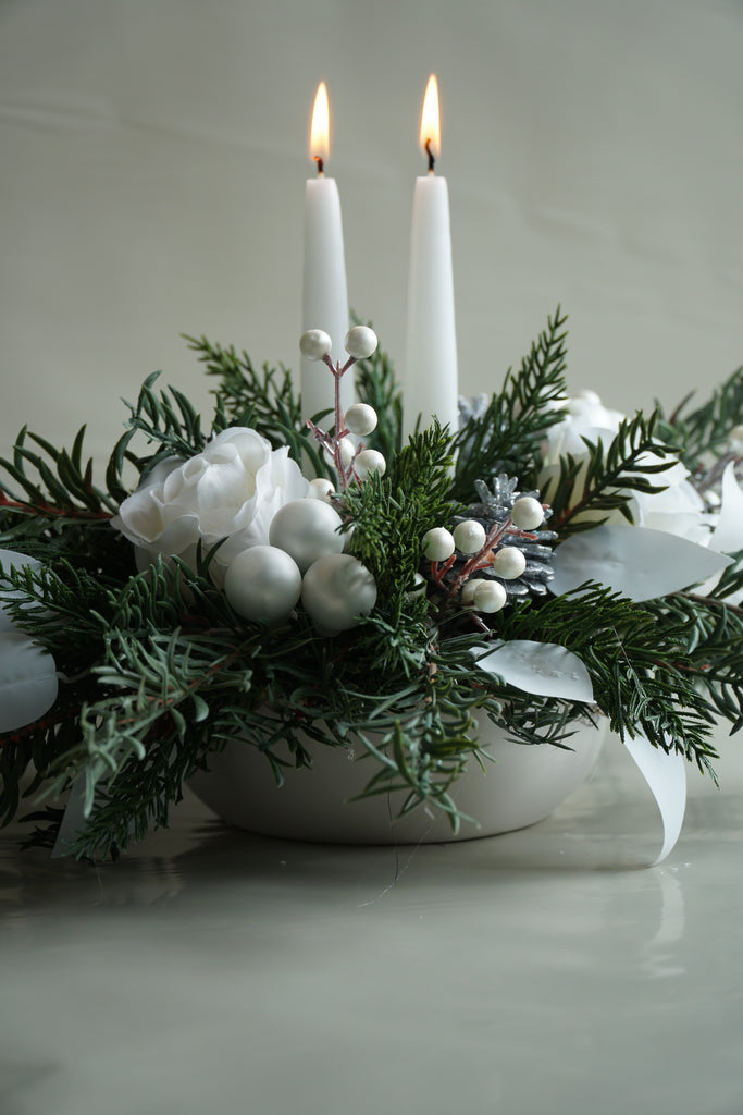 Artificial/Faux Holiday White/Silver Berry Centrepiece - Beaudry Flowers