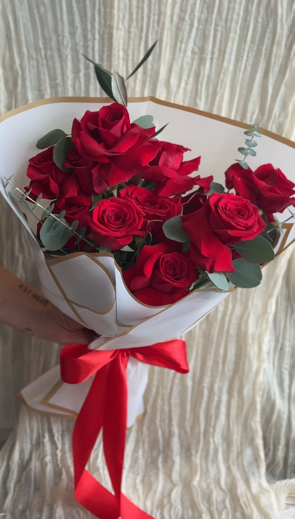Modern & Reflexed Dozen Red Rose Hand tied Bouquet - Beaudry Flowers