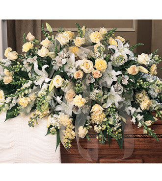 Casket Spray Half Spray Styled with White - Ivory Cream Flowers - Beaudry Flowers