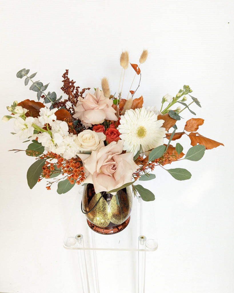 Gold Leaf Lantern Vase Arrangement - Beaudry Flowers