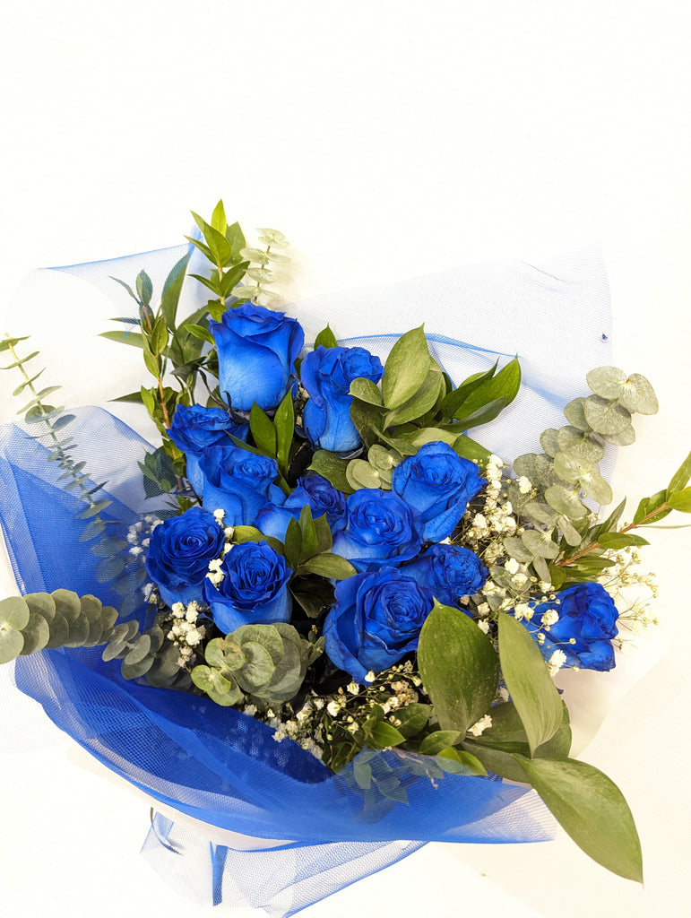 Royal Blue Dozen Rose Hand-Tied Bouquet - Beaudry Flowers